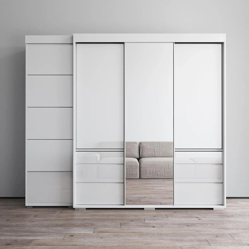Armadio contemporaneo nero/grigio/bianco con specchio e ante in vetro