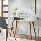 Scrivania Mid-Century Modern Blu Notte – Piano Arrotondato e Gambe Affusolate, Uso Singolo