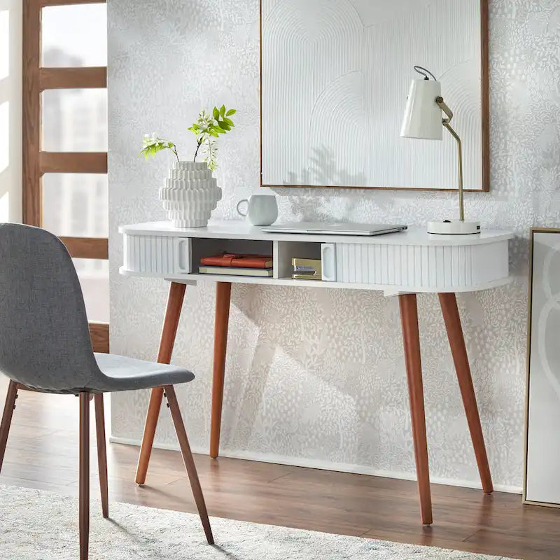 Scrivania Mid-Century Modern Blu Notte – Piano Arrotondato e Gambe Affusolate, Uso Singolo