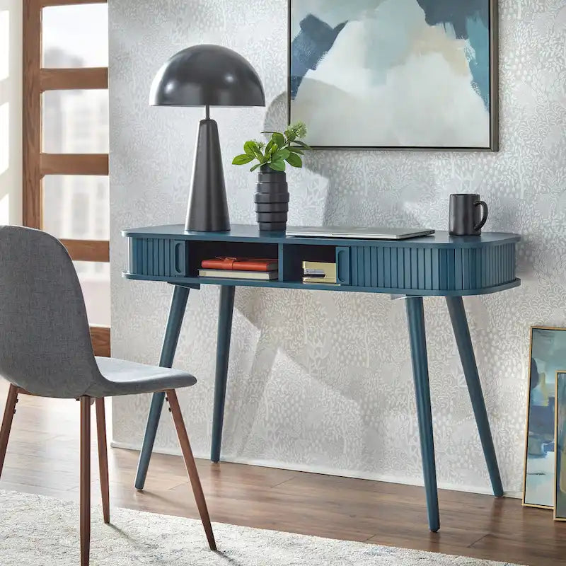 Scrivania Mid-Century Modern Blu Notte – Piano Arrotondato e Gambe Affusolate, Uso Singolo