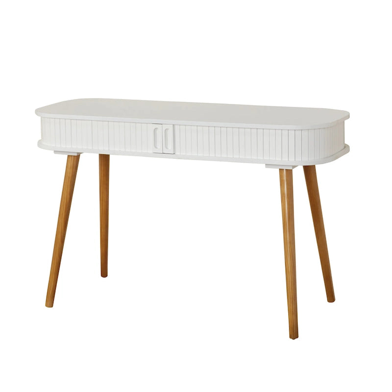 Scrivania Mid-Century Modern Blu Notte – Piano Arrotondato e Gambe Affusolate, Uso Singolo