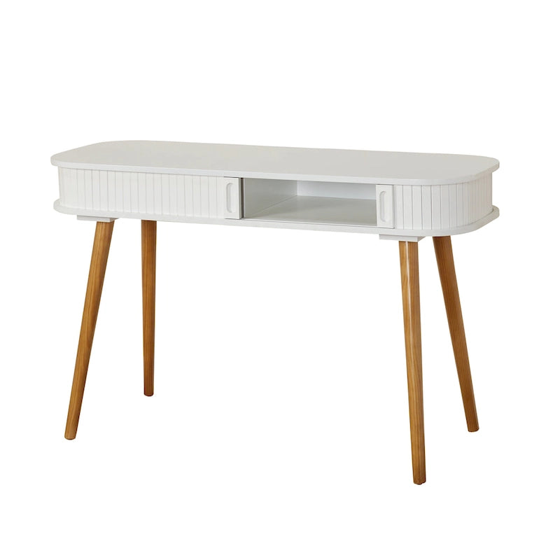 Scrivania Mid-Century Modern Blu Notte – Piano Arrotondato e Gambe Affusolate, Uso Singolo