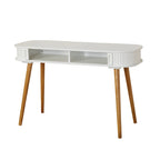 Scrivania Mid-Century Modern Blu Notte – Piano Arrotondato e Gambe Affusolate, Uso Singolo