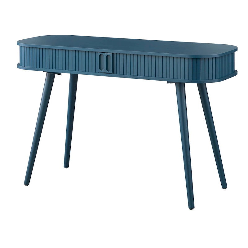 Scrivania Mid-Century Modern Blu Notte – Piano Arrotondato e Gambe Affusolate, Uso Singolo
