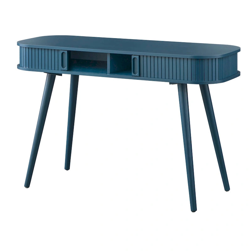 Scrivania Mid-Century Modern Blu Notte – Piano Arrotondato e Gambe Affusolate, Uso Singolo