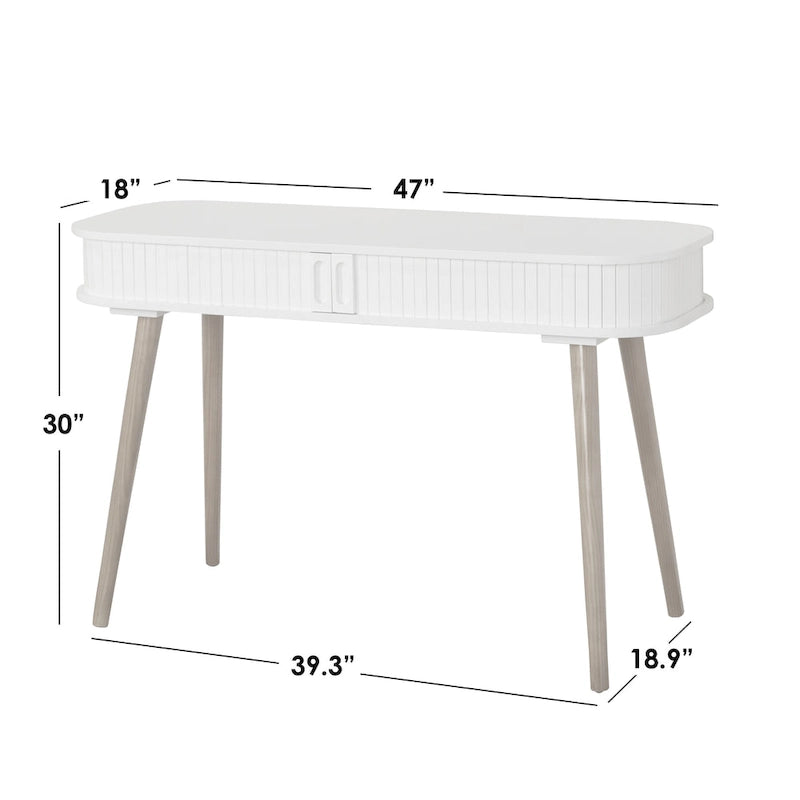 Scrivania Mid-Century Modern Blu Notte – Piano Arrotondato e Gambe Affusolate, Uso Singolo