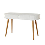 Scrivania Mid-Century Modern Blu Notte – Piano Arrotondato e Gambe Affusolate, Uso Singolo