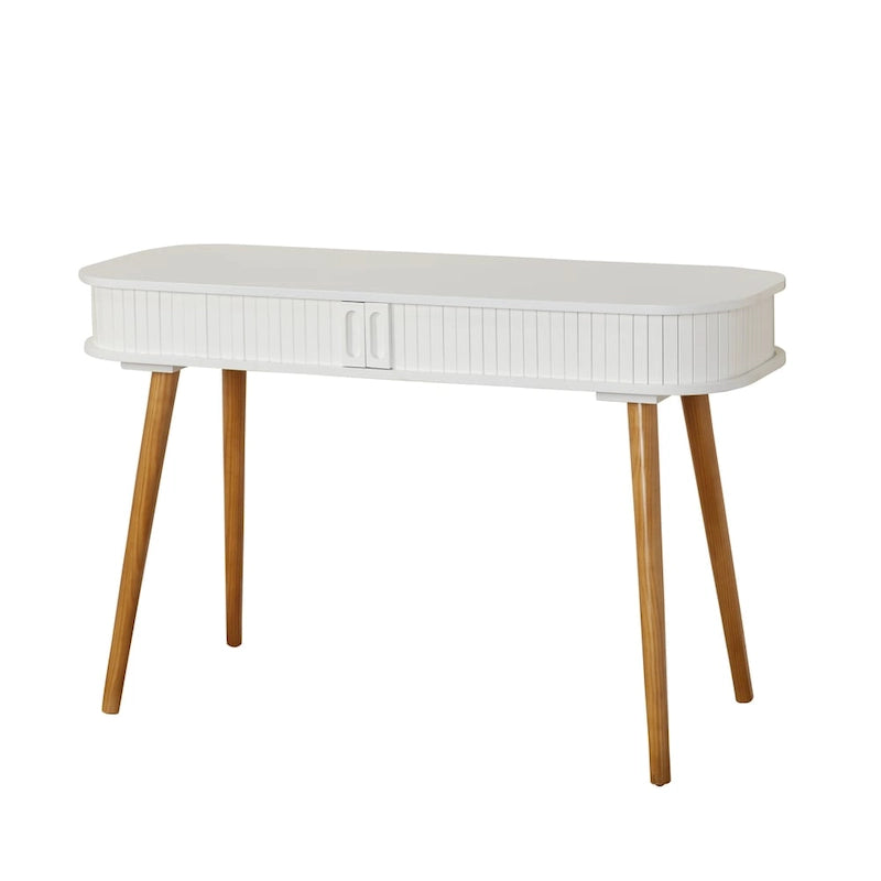 Scrivania Mid-Century Modern Blu Notte – Piano Arrotondato e Gambe Affusolate, Uso Singolo