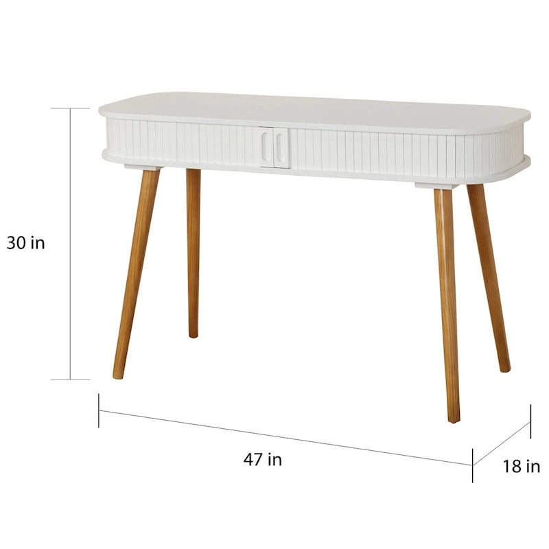 Scrivania Mid-Century Modern Blu Notte – Piano Arrotondato e Gambe Affusolate, Uso Singolo