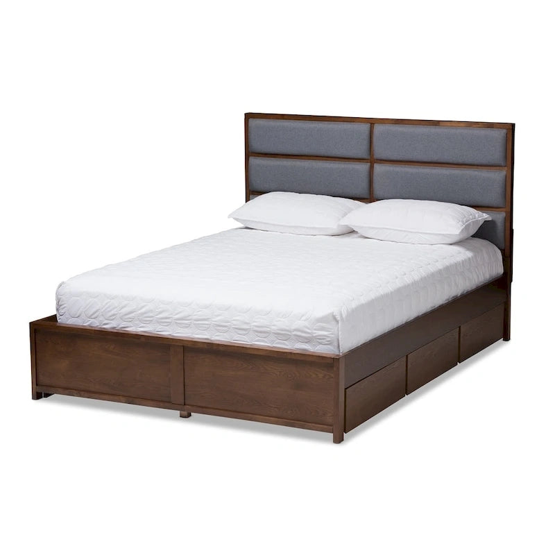 Letto contenitore Mori contemporaneo in tessuto grigio e legno di noce Strick & Bolton