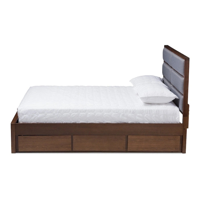 Letto contenitore Mori contemporaneo in tessuto grigio e legno di noce Strick & Bolton