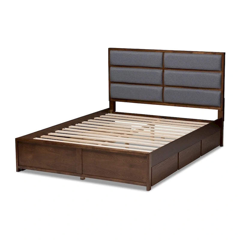 Letto contenitore Mori contemporaneo in tessuto grigio e legno di noce Strick & Bolton