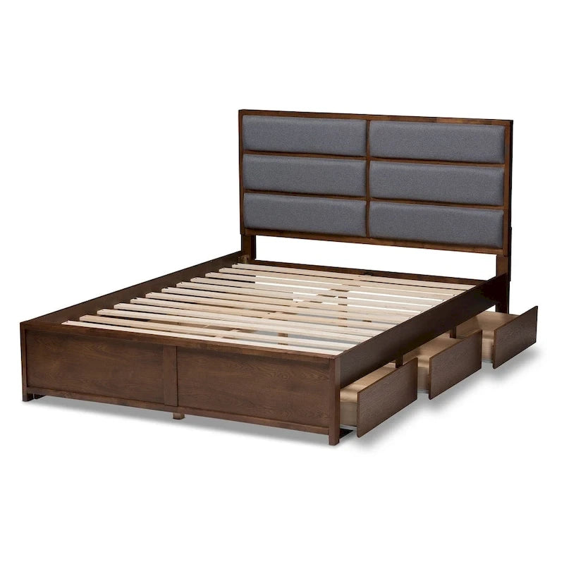Letto contenitore Mori contemporaneo in tessuto grigio e legno di noce Strick & Bolton