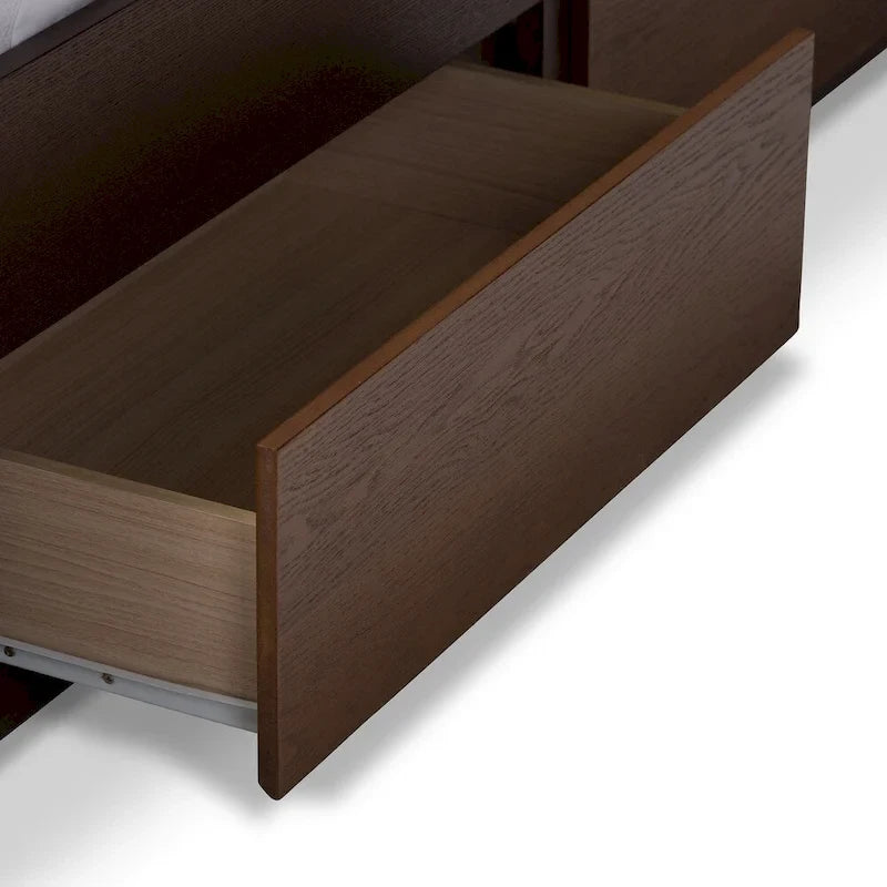 Letto contenitore Mori contemporaneo in tessuto grigio e legno di noce Strick & Bolton