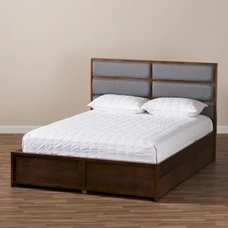 Letto contenitore Mori contemporaneo in tessuto grigio e legno di noce Strick & Bolton