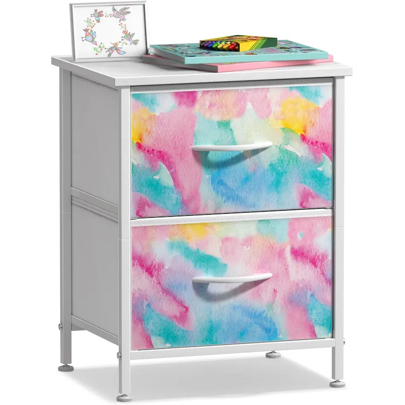 Comodino per bambini multi-colore a 2 cassetti con piano del tavolo (singolo)