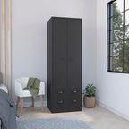 Armadio in legno multistrato bianco/nero con ante a battente, asta appendiabiti e 2 cassetti