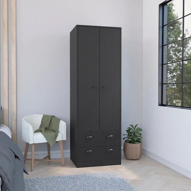 Armadio in legno multistrato bianco/nero con ante a battente, asta appendiabiti e 2 cassetti