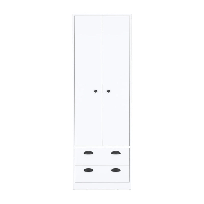 Armadio in legno multistrato bianco/nero con ante a battente, asta appendiabiti e 2 cassetti