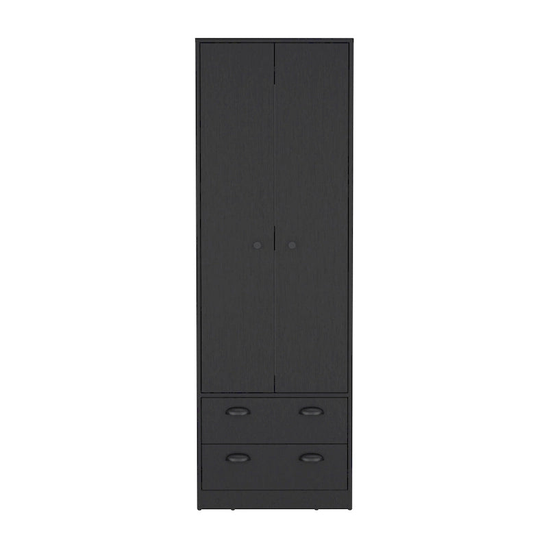 Armadio in legno multistrato bianco/nero con ante a battente, asta appendiabiti e 2 cassetti