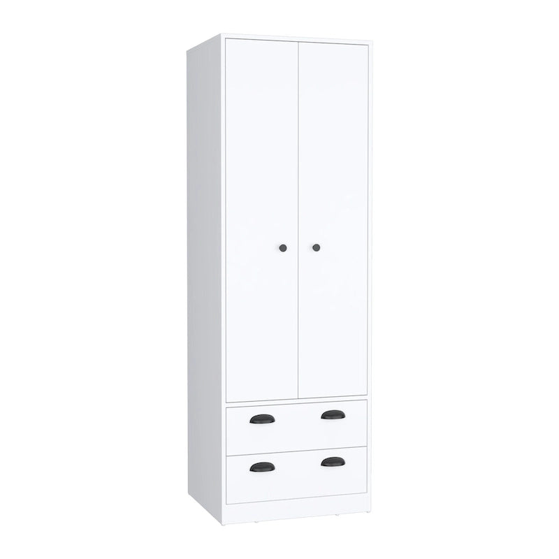 Armadio in legno multistrato bianco/nero con ante a battente, asta appendiabiti e 2 cassetti