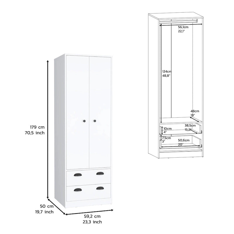 Armadio in legno multistrato bianco/nero con ante a battente, asta appendiabiti e 2 cassetti