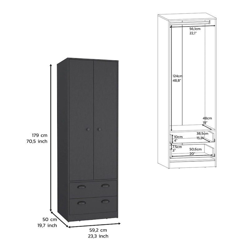 Armadio in legno multistrato bianco/nero con ante a battente, asta appendiabiti e 2 cassetti