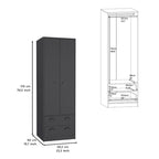 Armadio in legno multistrato bianco/nero con ante a battente, asta appendiabiti e 2 cassetti