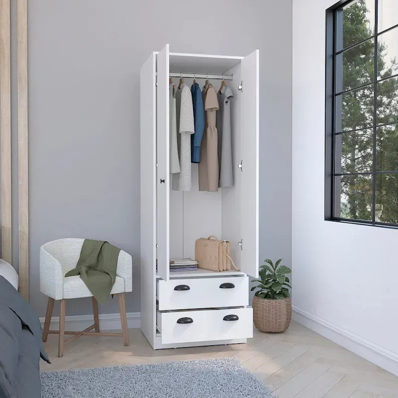 Armadio in legno multistrato bianco/nero con ante a battente, asta appendiabiti e 2 cassetti