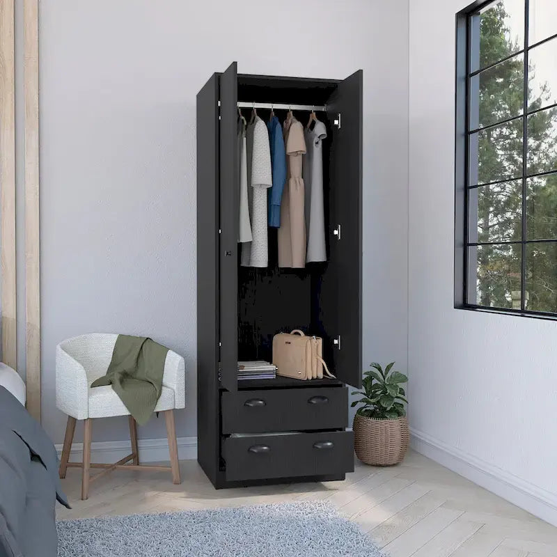 Armadio in legno multistrato bianco/nero con ante a battente, asta appendiabiti e 2 cassetti