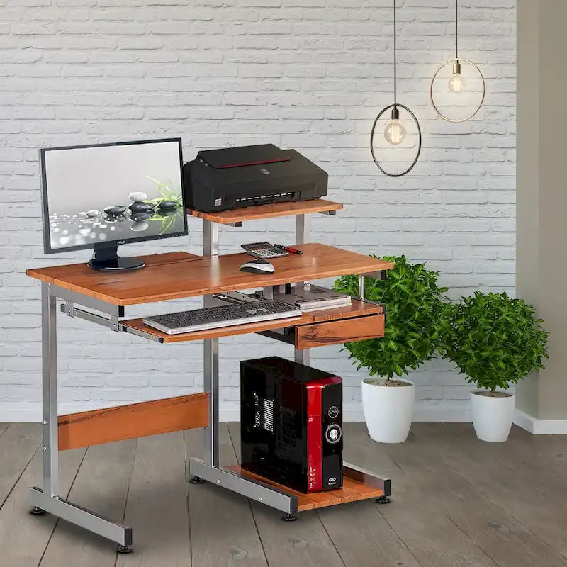 Scrivania per computer in venatura di legno marrone – Ripiano per tastiera, cassetto e ripiano per CPU, Uso singolo