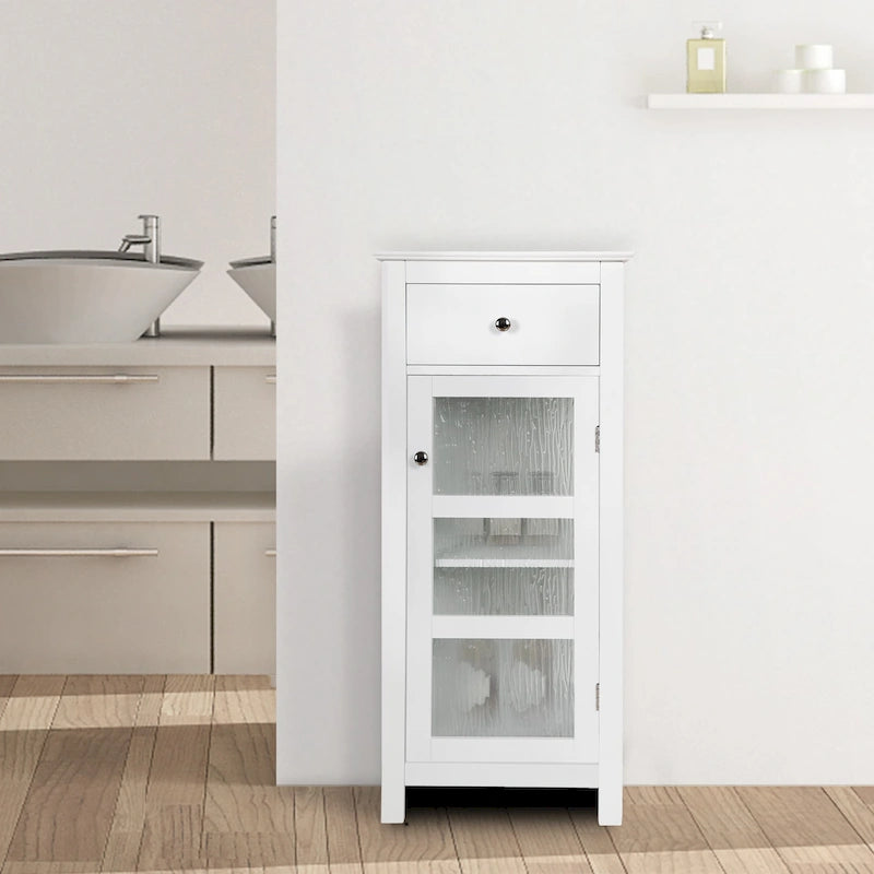 Mobiletto da terra accentato bianco lucido – anta in vetro testurizzato e cassetto, monouso