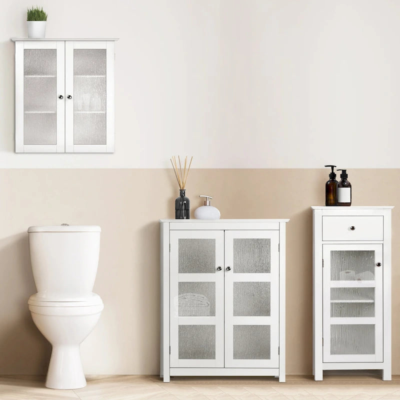 Mobiletto da terra accentato bianco lucido – anta in vetro testurizzato e cassetto, monouso