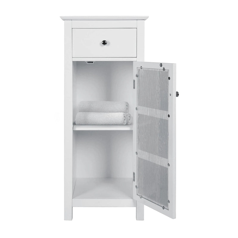 Mobiletto da terra accentato bianco lucido – anta in vetro testurizzato e cassetto, monouso