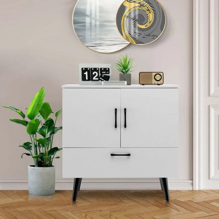 Mobiletto contenitore rustico bianco e marrone a 2 ante con cassetto estraibile