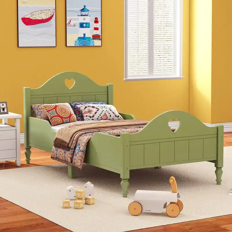 Letto per bambini Olive Green / Verde / Rosa chiaro / Bianco in formato Twin con sponde di sicurezza, testiera e pediera (Singolo)