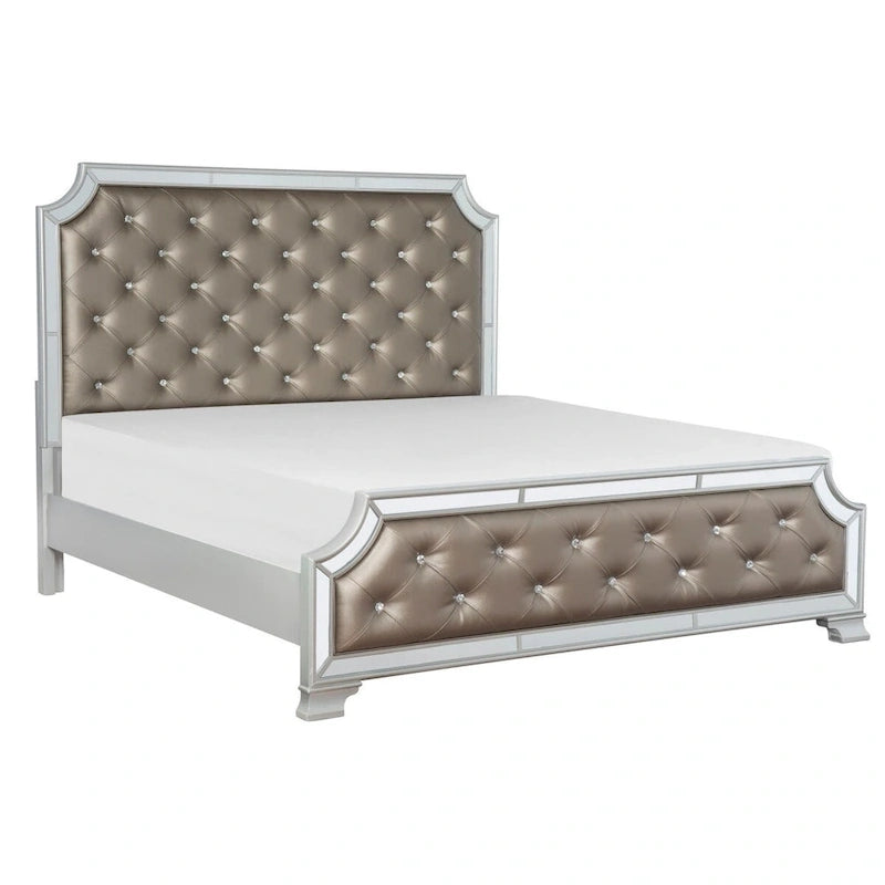 Letto in similpelle grigia/argentata con bottoni trapuntati e finiture a specchio (Queen/King)