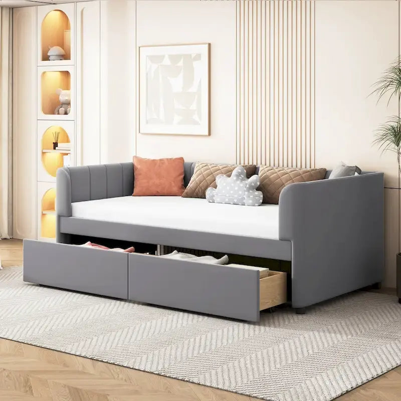Divano letto singolo in velluto grigio/rosa/beige con testiera a righe e 2 cassetti (singolo)