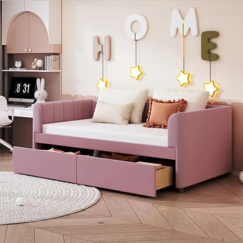 Divano letto singolo in velluto grigio/rosa/beige con testiera a righe e 2 cassetti (singolo)