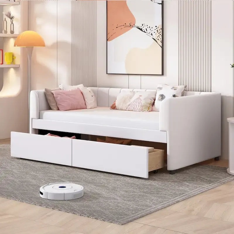 Divano letto singolo in velluto grigio/rosa/beige con testiera a righe e 2 cassetti (singolo)