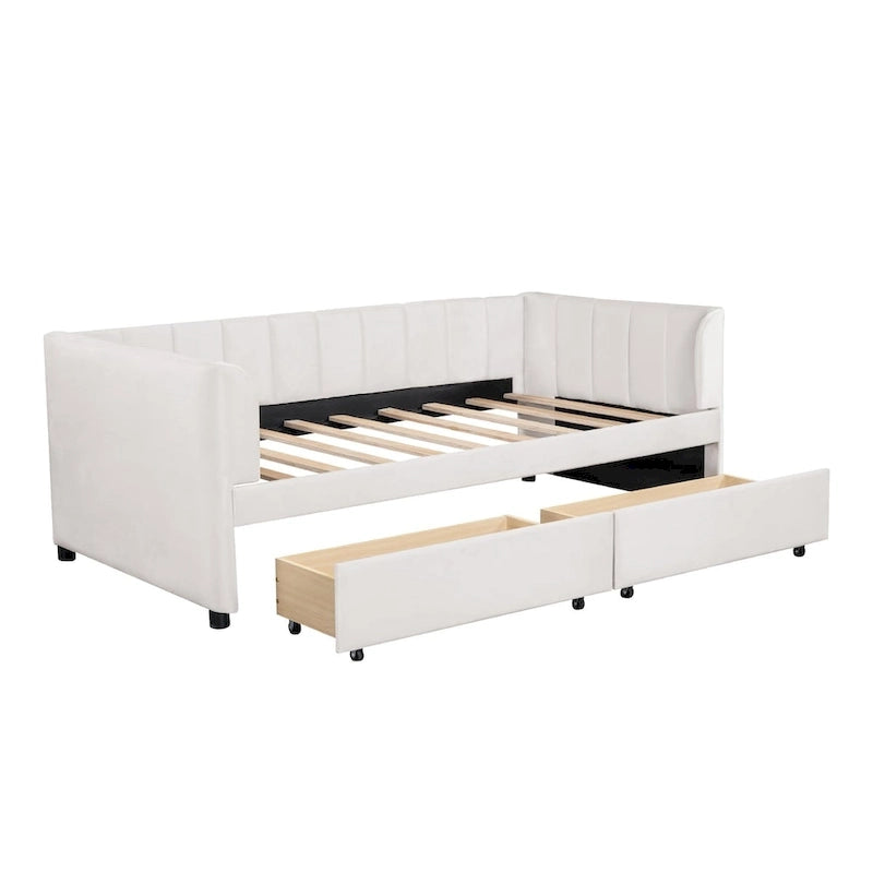 Divano letto singolo in velluto grigio/rosa/beige con testiera a righe e 2 cassetti (singolo)
