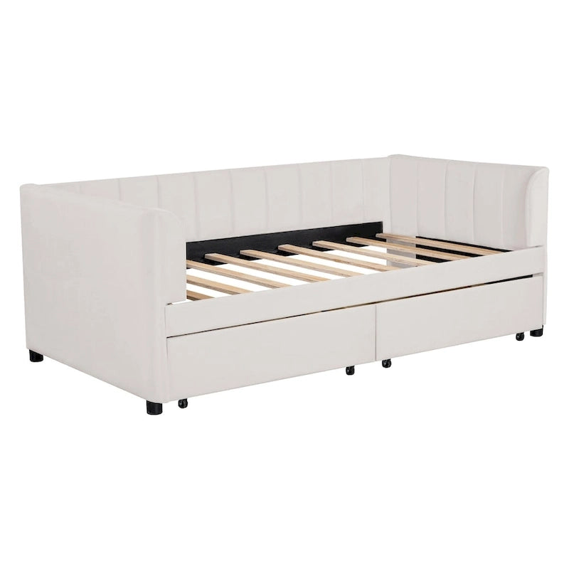 Divano letto singolo in velluto grigio/rosa/beige con testiera a righe e 2 cassetti (singolo)