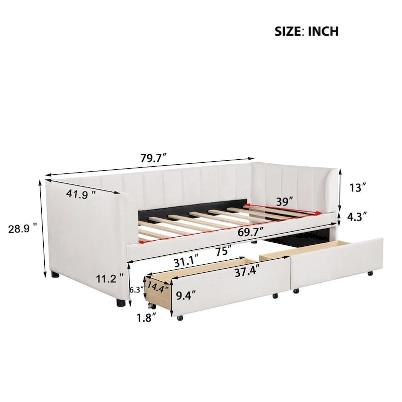 Divano letto singolo in velluto grigio/rosa/beige con testiera a righe e 2 cassetti (singolo)
