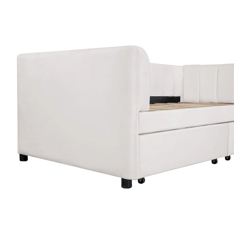 Divano letto singolo in velluto grigio/rosa/beige con testiera a righe e 2 cassetti (singolo)