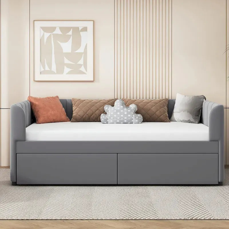 Divano letto singolo in velluto grigio/rosa/beige con testiera a righe e 2 cassetti (singolo)