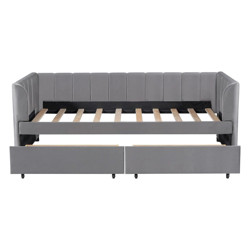 Divano letto singolo in velluto grigio/rosa/beige con testiera a righe e 2 cassetti (singolo)