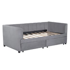Divano letto singolo in velluto grigio/rosa/beige con testiera a righe e 2 cassetti (singolo)