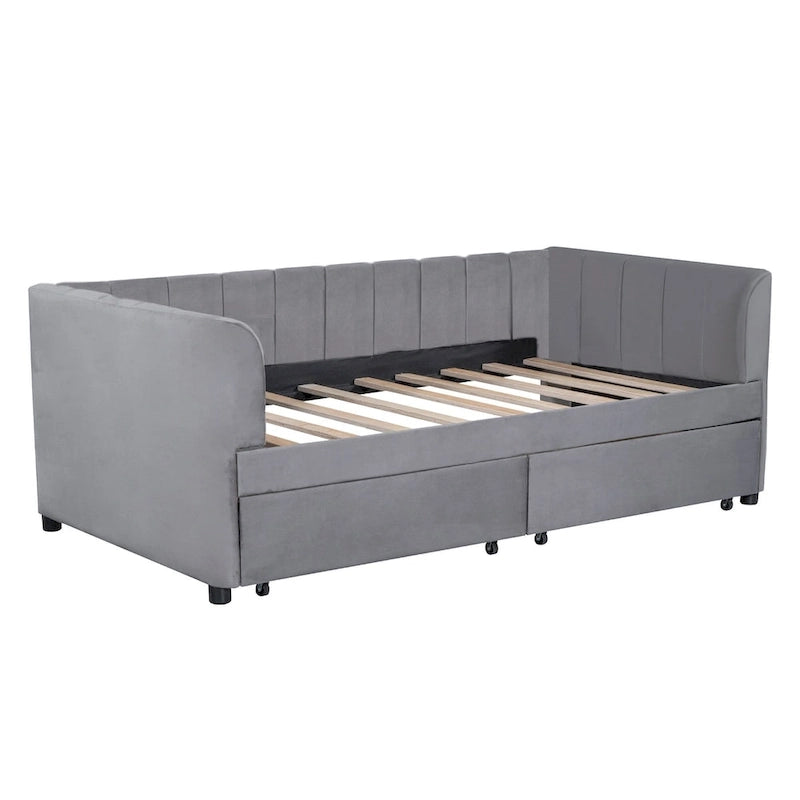 Divano letto singolo in velluto grigio/rosa/beige con testiera a righe e 2 cassetti (singolo)