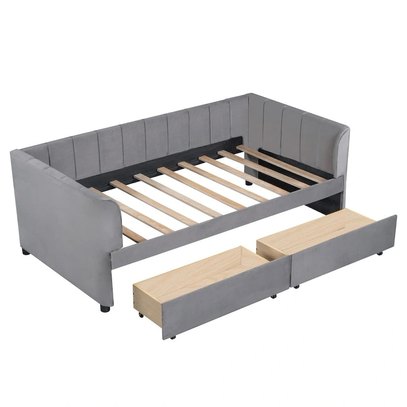 Divano letto singolo in velluto grigio/rosa/beige con testiera a righe e 2 cassetti (singolo)