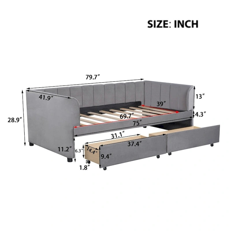 Divano letto singolo in velluto grigio/rosa/beige con testiera a righe e 2 cassetti (singolo)